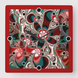 Fractal Floral in shades of Red and Green Quadratische Wanduhr