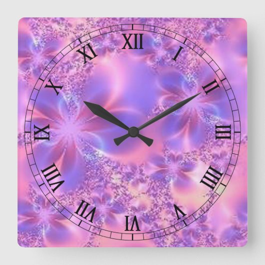 Fractal Flower Square Roman Numerals Clock Quadratische Wanduhr (Vorderseite)