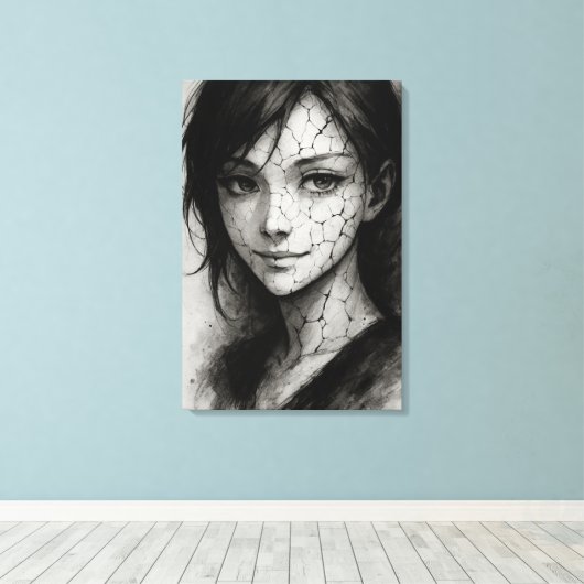 Fractured Smile - Cracked Porcelain Ink Portrait Leinwanddruck (Insitu (Holzboden))