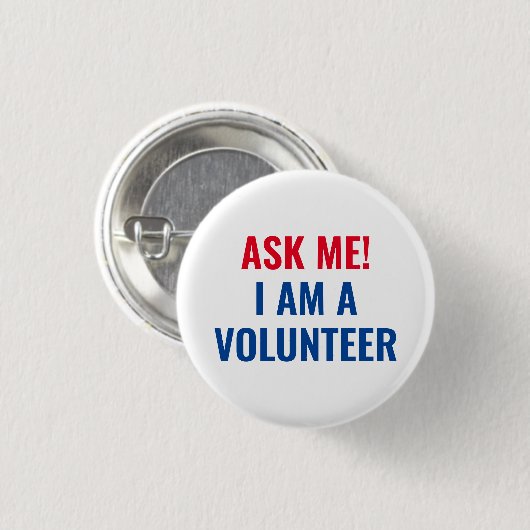 Frag mir, ich bin ein Volunteer, rot-blauer Text Button (Vorne & Hinten)