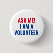 Frag mir, ich bin ein Volunteer, rot-blauer Text Button (Vorderseite)