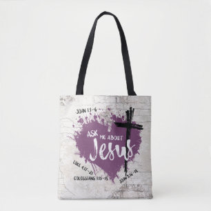 FRAG ÜBER JESUS Christliches Lila Heart Bio Zitat Tasche