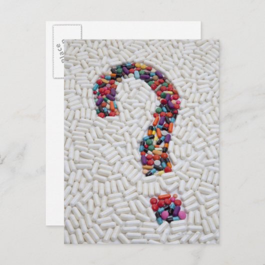 Fragezeichen der Pillen auf weißem Pilzhintergrund Postkarte (Vorne/Hinten)
