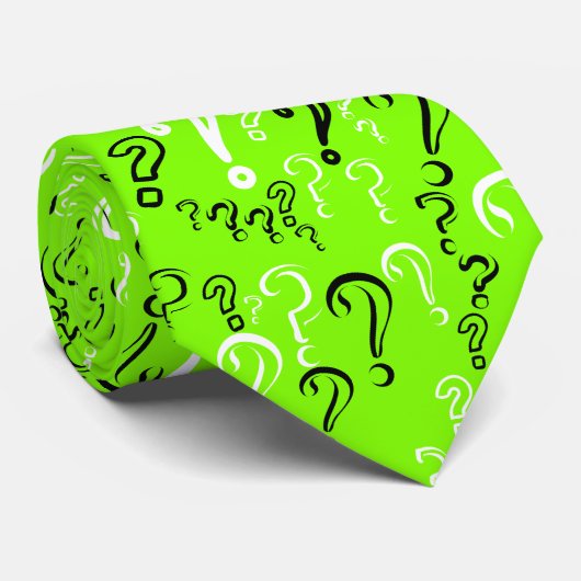 Fragezeichen Krawatte - Weiß, Schwarz, Chartreuse (Gerollt)