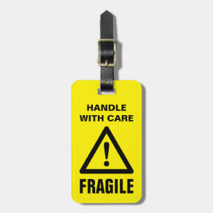 Fragile Handle mit vorsichtigem gelben Warnzeichen Gepäckanhänger