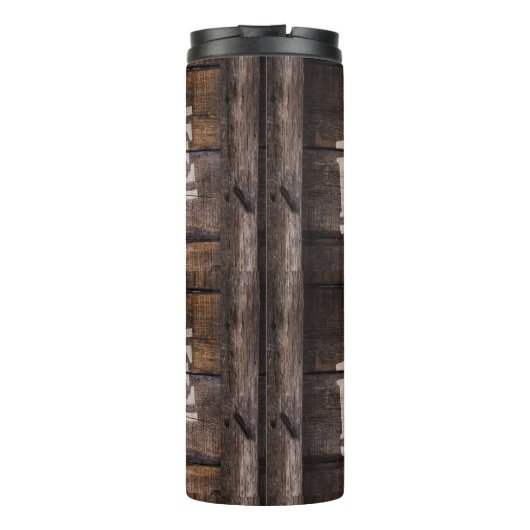 Fragile Holzkiste Vintag Verschiffen braun Thermosbecher (Rückseite)