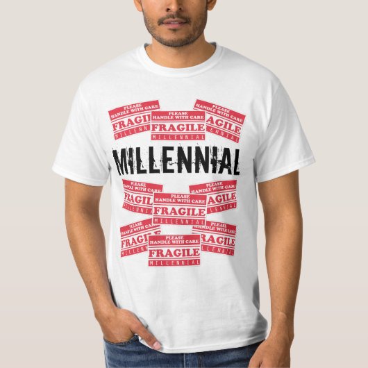 Fragile Millenniums-Labels, bitte mit Vorsicht umg T-Shirt (Vorderseite)