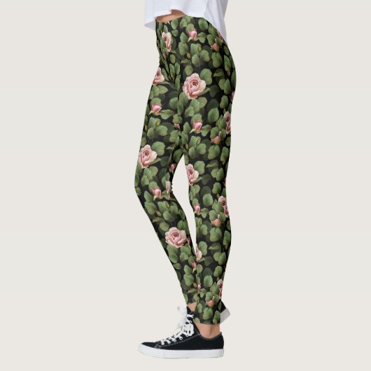 Fragile Rose. Blumenmuster auf schwarz Leggings (Links)