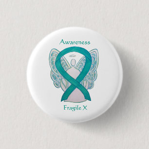 Fragile X Aquamarin Awareness Angel Ribbon Button