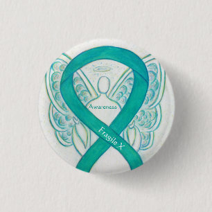 Fragile X Aquamarin Awareness Angel Ribbon Button