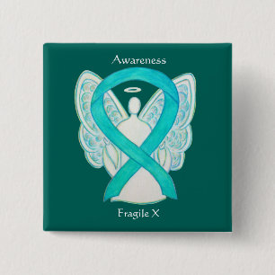 Fragile X Aquamarin Awareness Angel Ribbon Button