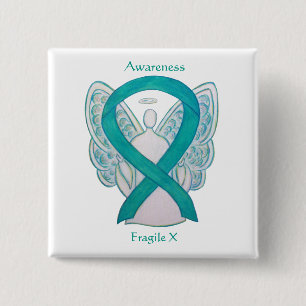 Fragile X Aquamarin Awareness Angel Ribbon Button