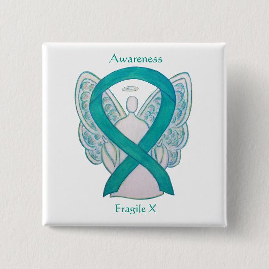 Fragile X Aquamarin Awareness Angel Ribbon Button (Vorderseite)