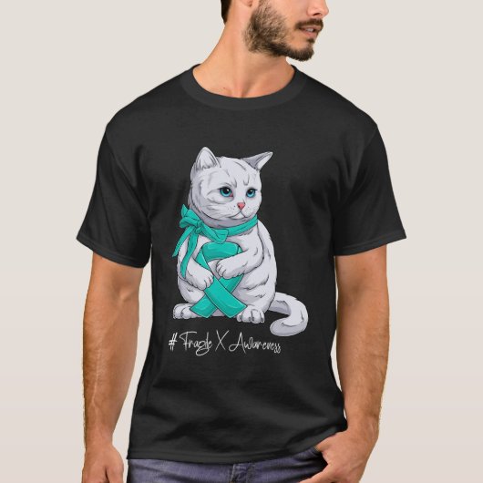 Fragile X Awareness Month Teal Ribbon Cat T-Shirt (Vorderseite)