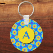 Fraktal Blue Patchwork Daisies Monogram Schlüssela Schlüsselanhänger (Vorderseite)