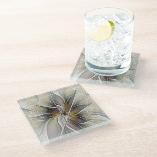 Fraktal, Fantasy-Blume mit Erdfarben Glasuntersetzer (Schrägansicht)