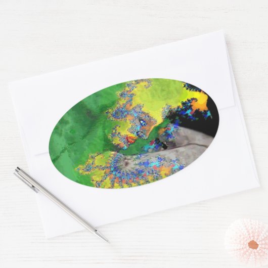 FRAKTAL-FRAU IN GRÜNGELB OVALER AUFKLEBER (Umschlag)