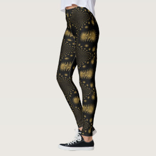 Fraktal goldfarbene Sterne, schwarzer Hintergrund Leggings