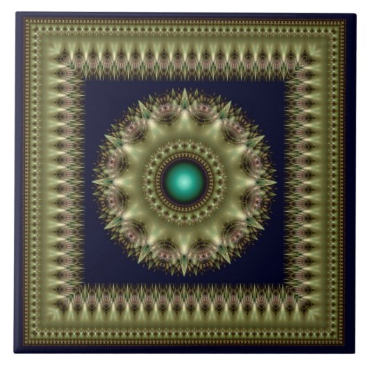 Fraktal grün brillant gerahmt Mandala Fliese (Vorderseite)