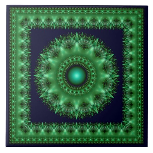 Fraktal grün brillant gerahmt Mandala Fliese (Vorderseite)