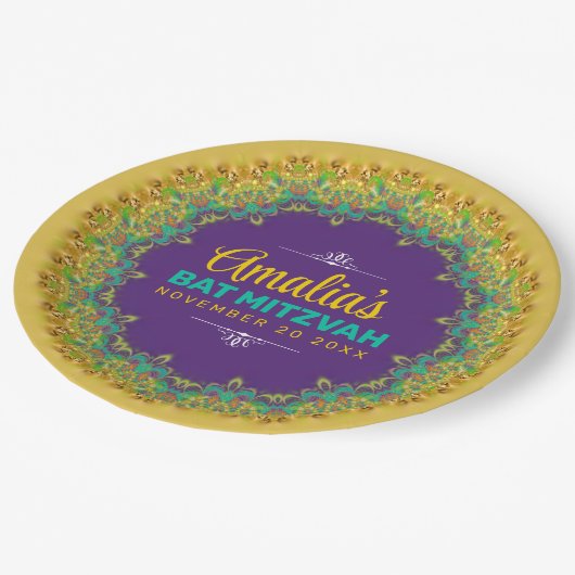 Fraktal Lace Lila Yellow Bat Mitzvah Pappteller (Schrägansicht)