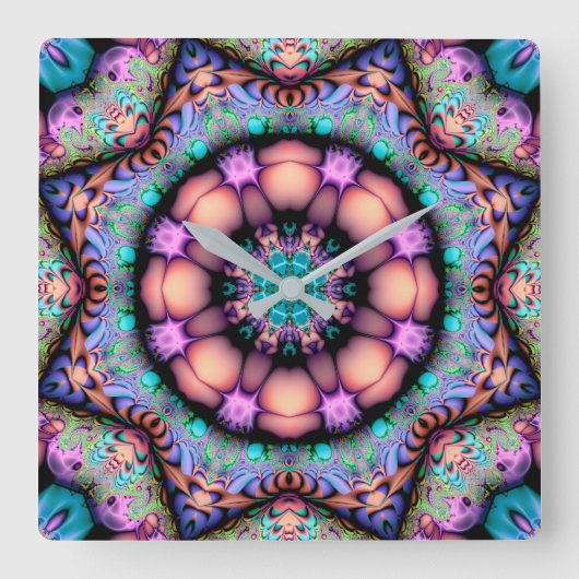 Fraktal Mandala Floral Psychedelic Quadratische Wanduhr (Vorderseite)