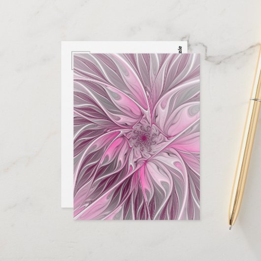 Fraktal Rosa Blume Traum, Blumenfantasy Muster Postkarte (Vorderseite/Rückseite Beispiel)