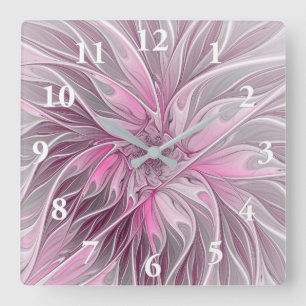 Fraktal Rosa Blume Traum, Blumenmuster Quadratische Wanduhr