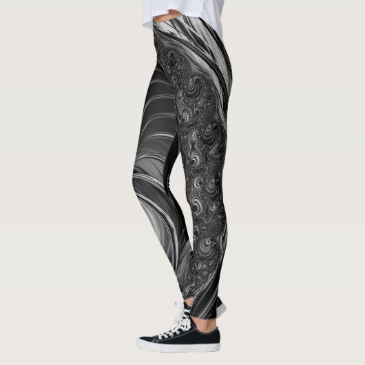 Fraktal Schwarz-weiß Metal Nautilus Swirl Leggings (Links)
