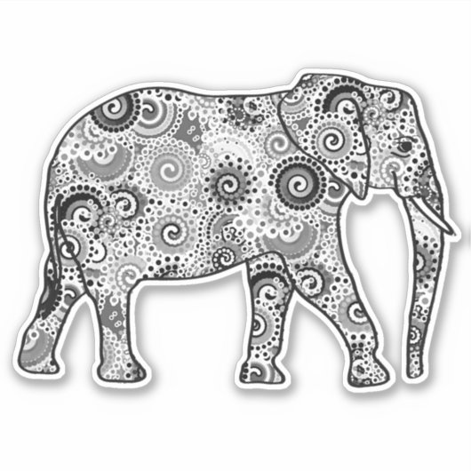 Fraktal Swirl Elephant, grau, schwarz und weiß Aufkleber (Vorderseite)