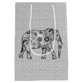 Fraktal Swirl Elephant, grau, schwarz und weiß Mittlere Geschenktüte (Rückseite)