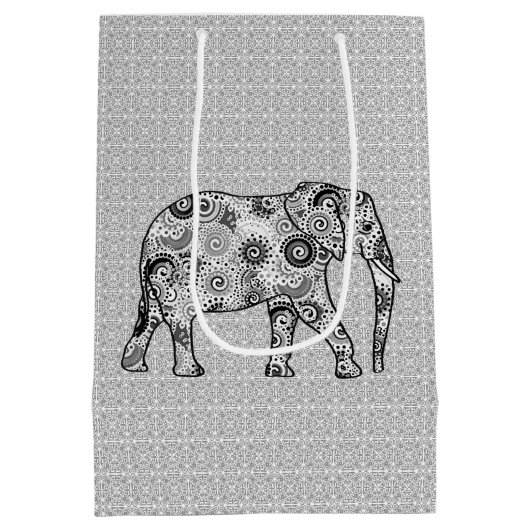 Fraktal Swirl Elephant, grau, schwarz und weiß Mittlere Geschenktüte (Rückseite)