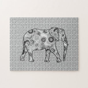 Fraktal Swirl Elephant, grau, schwarz und weiß Puzzle