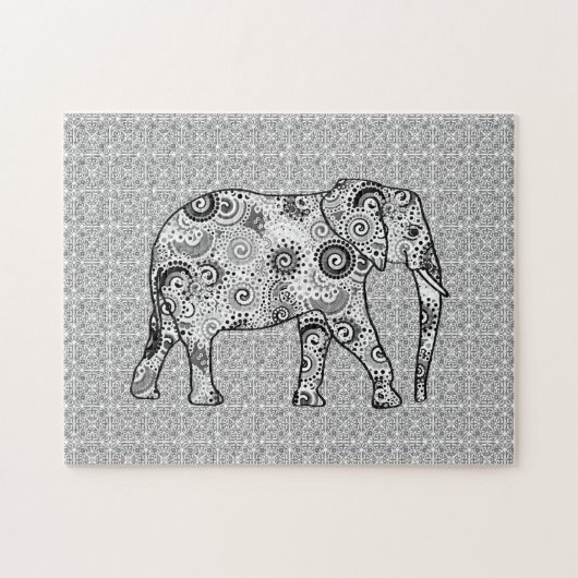 Fraktal Swirl Elephant, grau, schwarz und weiß Puzzle (Horizontal)