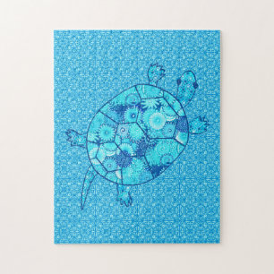 Fraktal Swirl Turtle Cobalt und Türkis Blau Puzzle