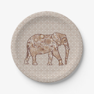 Fraktal wirbelnder Elefant - braun und taupe Pappteller