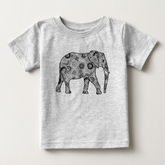Fraktal wirbelnder Elefant - grau, schwarz und wei Baby T-shirt (Vorderseite)