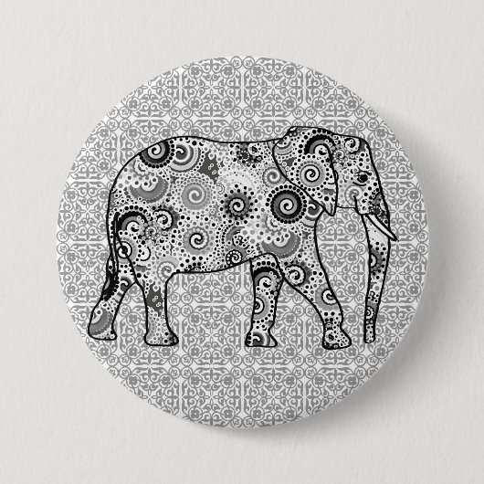 Fraktal wirbelnder Elefant - grau, schwarz und wei Button (Vorderseite)
