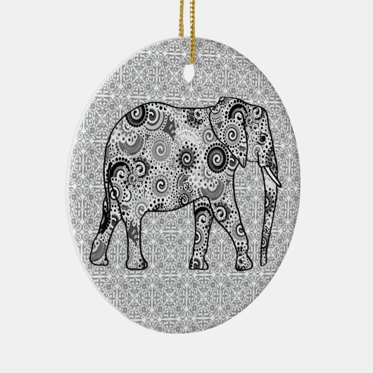 Fraktal wirbelnder Elefant - grau, schwarz und wei Keramik Ornament (Rechts)