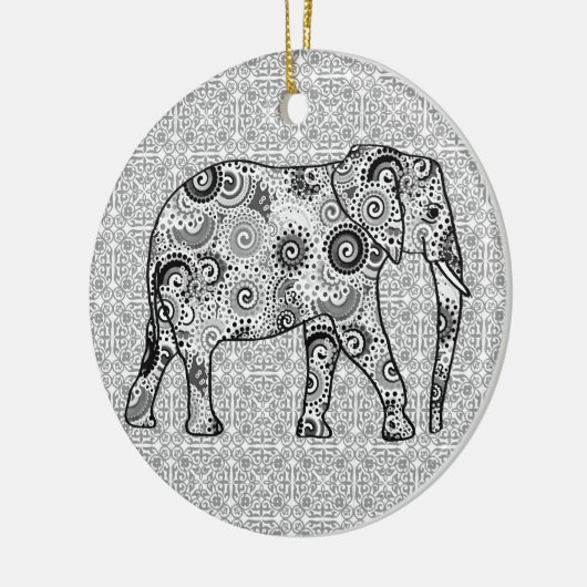 Fraktal wirbelnder Elefant - grau, schwarz und wei Keramik Ornament (Links)