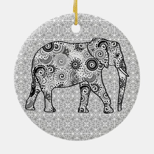 Fraktal wirbelnder Elefant - grau, schwarz und wei Keramik Ornament (Hinten)