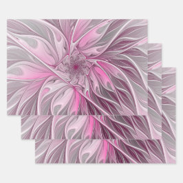 Fraktale pinke Blumen Traum, florales Fantasy-Must Geschenkpapier Set