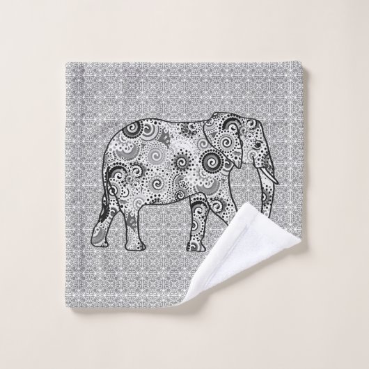 Fraktalstrudelelefant, Grau, Schwarzweiss Badhandtuch Set (Waschlappen)
