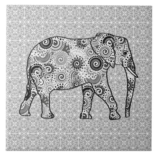 Fraktalstrudelelefant - Grau, Schwarzweiss Fliese (Vorderseite)