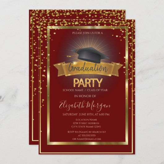 Frame Diamonds Cap Red Abschluss Einladung (Vorne/Hinten)