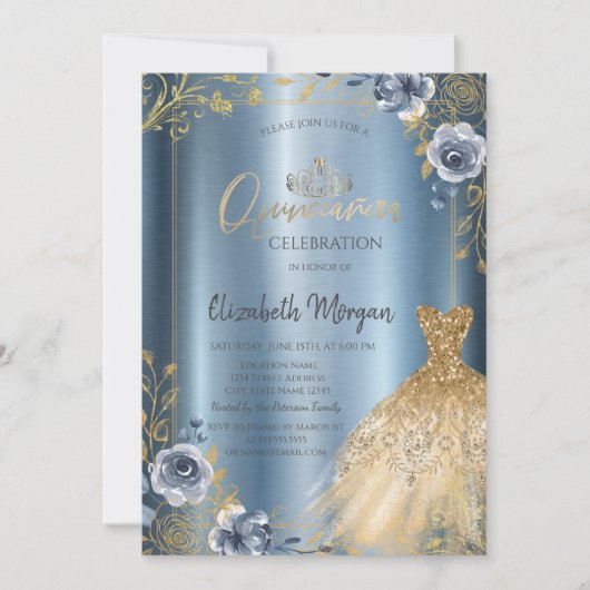 Frame Gold Dress Blue Rose Quinceñera Einladung (Vorderseite)