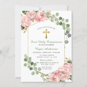 Frame Greenery Pink Roses Erste Heilige Kommunion Einladung