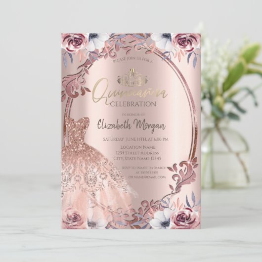 Frame Wirbel Boho Blume Dress Quinceañera Einladung (Stehend Vorderseite)