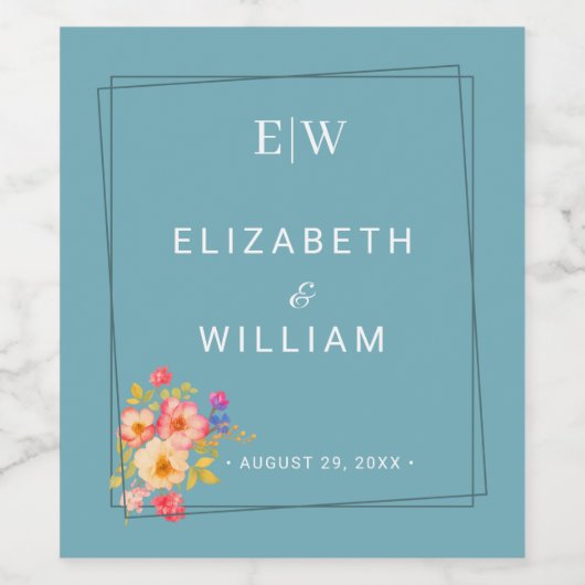  Frame with Roses, Wedding style on retro blue Weinetikett (Einzelnes Label)