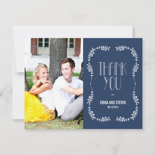 Framing Blätter Hochzeit Foto Danke Card Navy (Vorderseite)